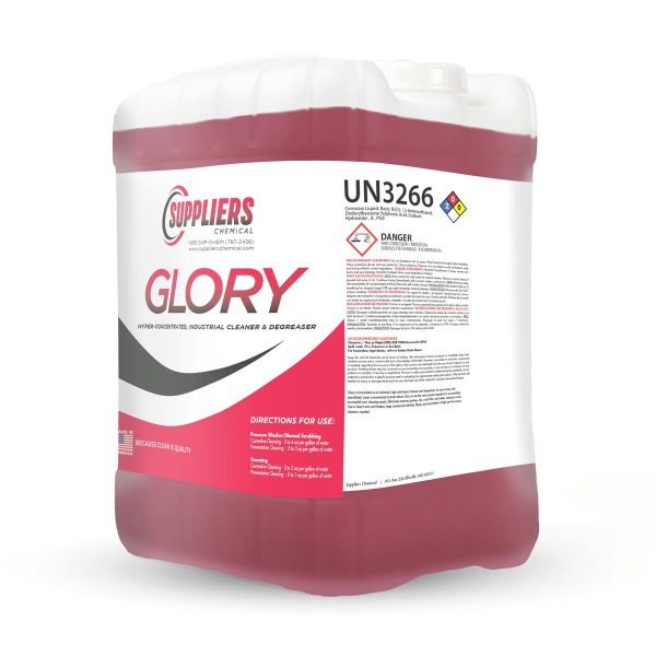 A 5 gallon pail of red Suppliers Chemical Glory cleaning liquid