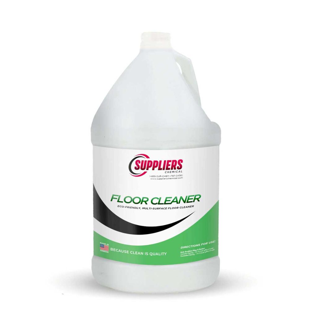 A 1 gallon container of white Suppliers Chemical Floor Cleaner cleaning liquid