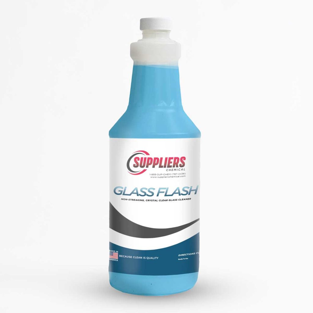 A blue 32oz bottle of Suppliers Chemical Glass Flash cleaning product