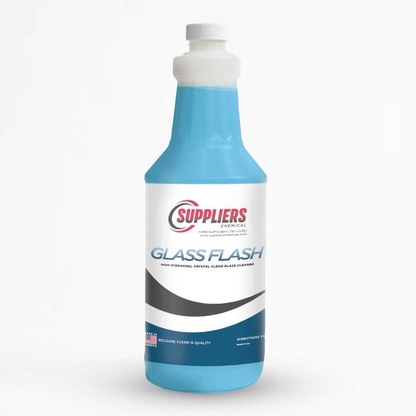A blue 32oz bottle of Suppliers Chemical Glass Flash cleaning product