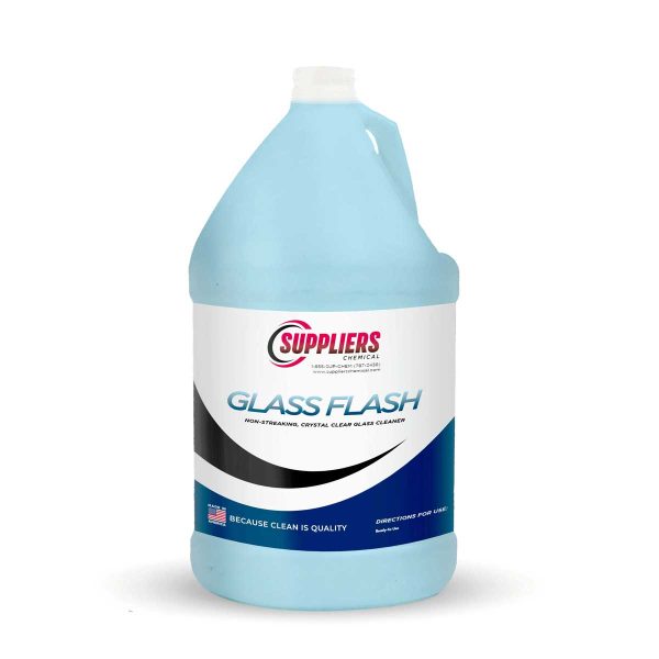 A 1 gallon container of blue Suppliers Chemical Glass Flash cleaning liquid