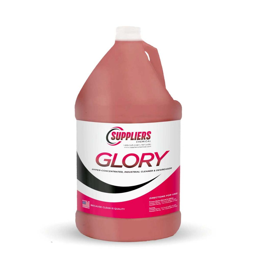 A 1 gallon container of red Suppliers Chemical Glory cleaning liquid