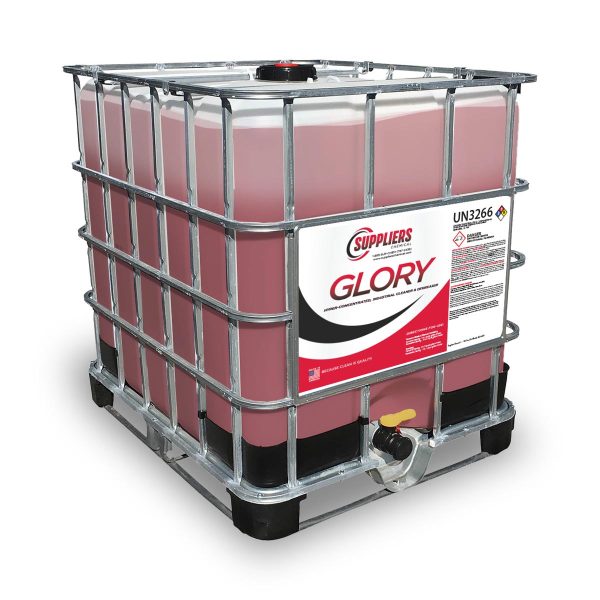 A 275 gallon tote of red Suppliers Chemical Glory cleaning liquid