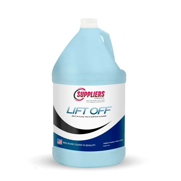 A 1 gallon container of blue Suppliers Chemical Lift Off cleaning liquid