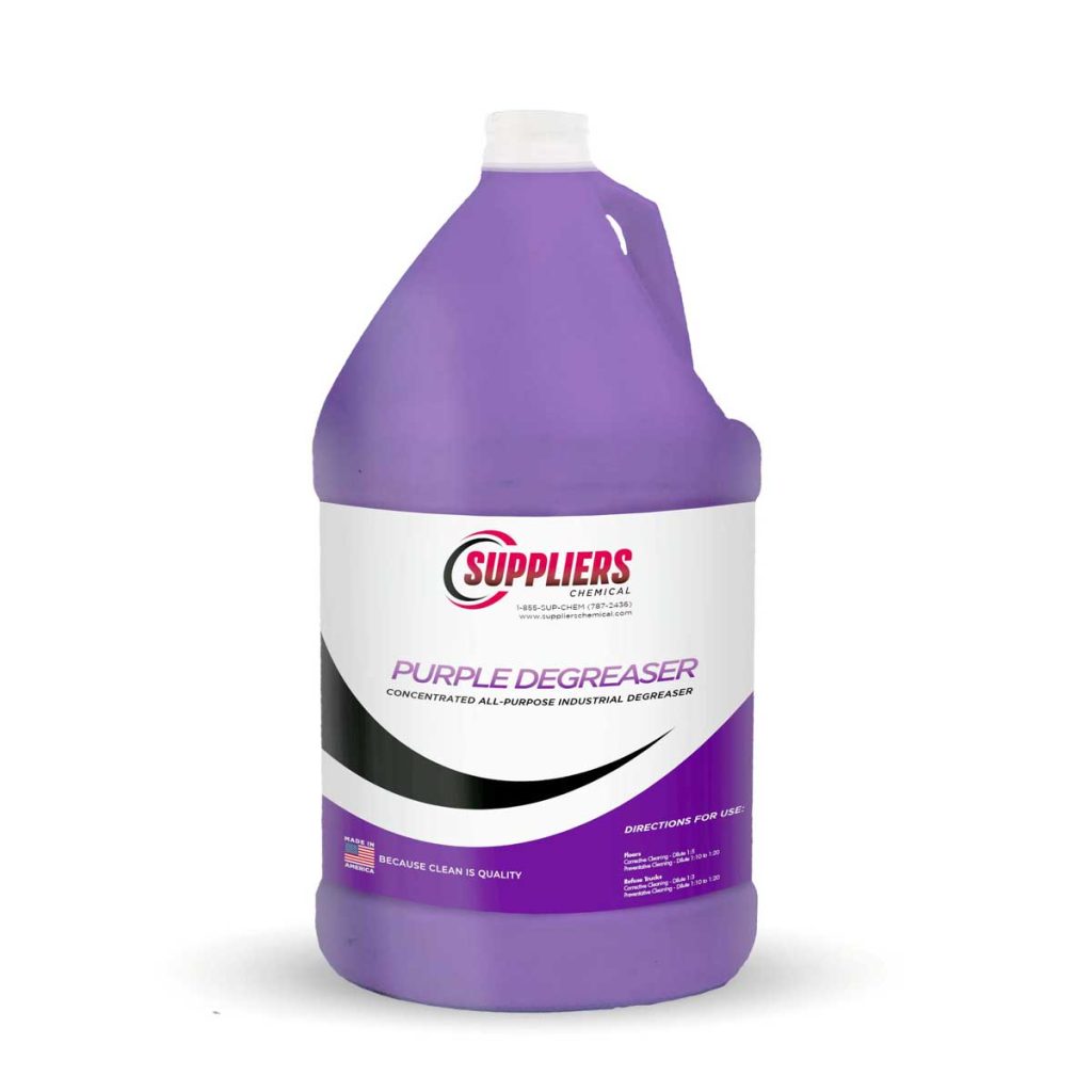 A 1 gallon container of purple Suppliers Chemical Super Purple Degreaser cleaning liquid