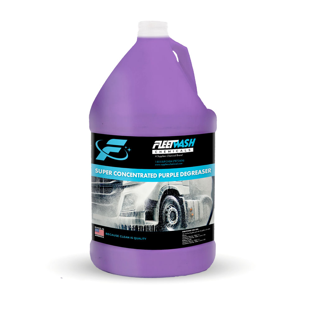 A 1 gallon container of purple Fleet Wash Chemicals Super Concentrated Purple Degreaser cleaning liquid