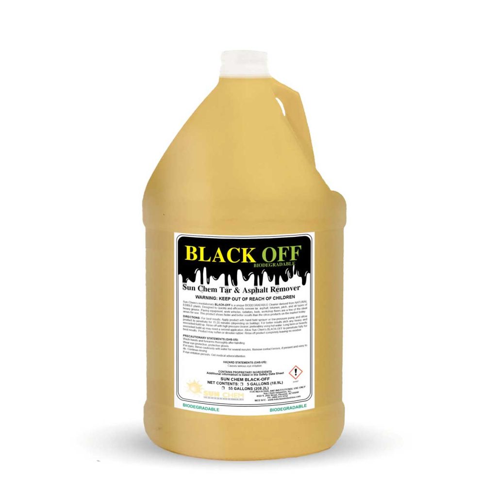 A 1 gallon container of yellow Black Off Sun Chem Tar & Asphalt Remover cleaning liquid