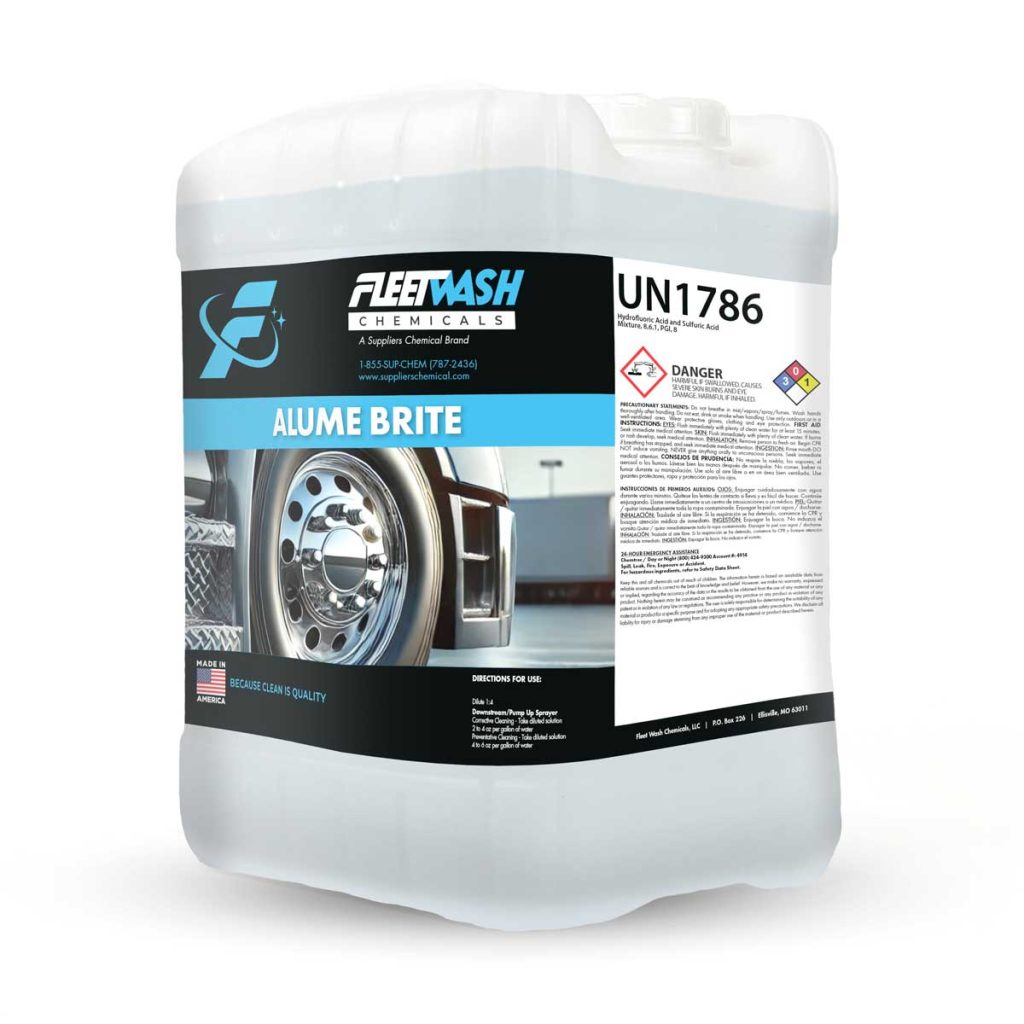A 5 gallon pail of Fleet Wash Chemicals Alume Brite cleaner liquid