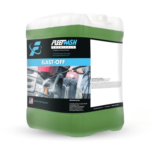 A 5 gallon pail of green Fleet Wash Chemical Blast-Off cleaning liquid
