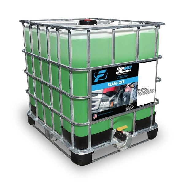 A 275 gallon tote of green Fleet Wash Chemical Blast-Off cleaning liquid