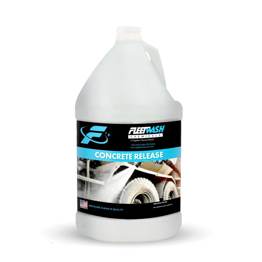 A 1 gallon container of white Fleet Wash Chemicals Concrete Release cleaning liquid