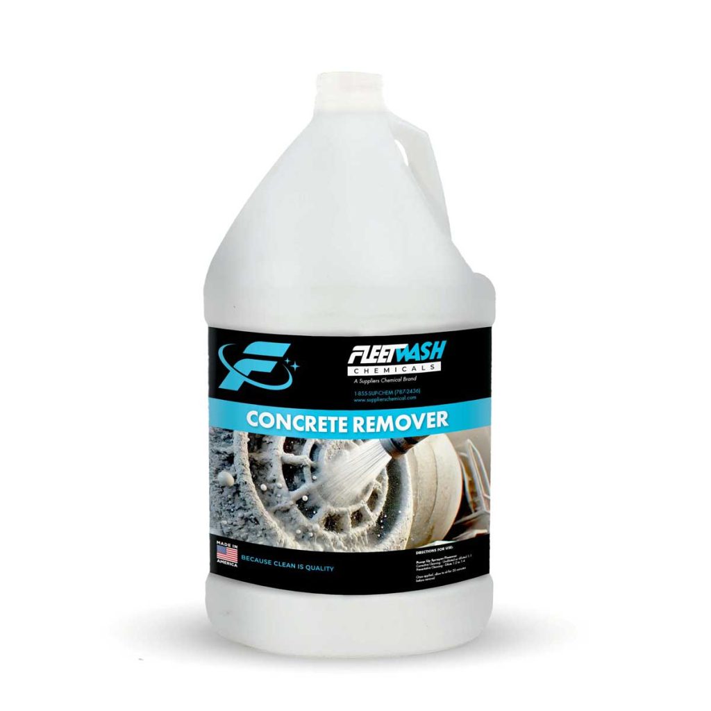 A 1 gallon container of white Fleet Wash Chemicals Concrete Remover cleaning liquid