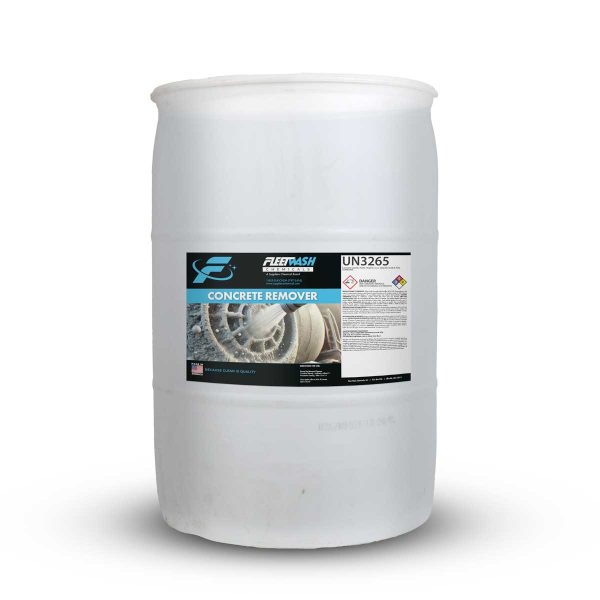 A 55-gallon drum of Fleet Wash Chemicals Concrete Remover Cleaning Product