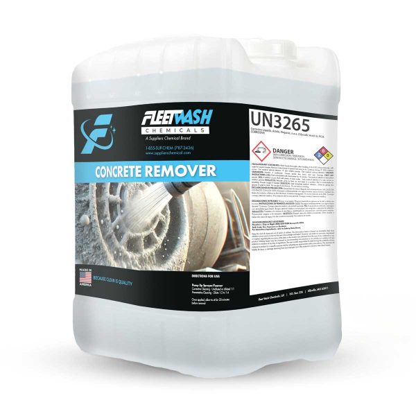 A 5 gallon pail of Fleet Wash Chemicals Concrete Remover cleaner liquid