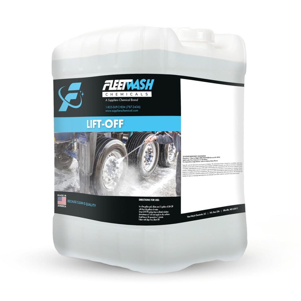 A 5 gallon pail of blue Fleet Wash Lift-Off cleaning liquid