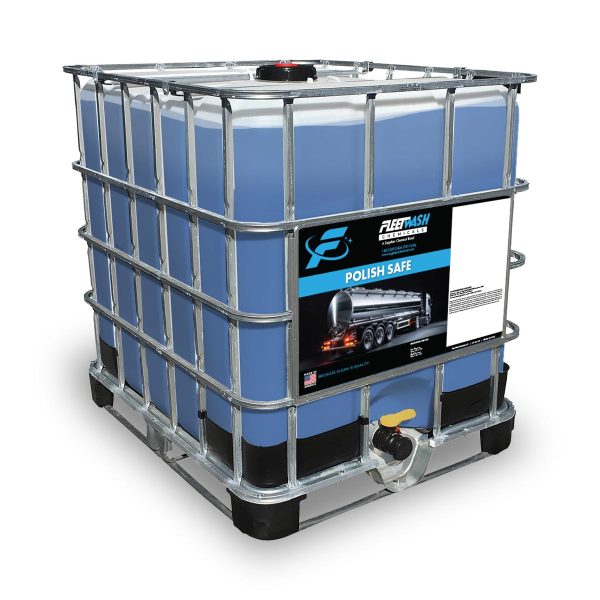 A 275 gallon tote of blue Fleet Wash Polish Safe cleaning liquid