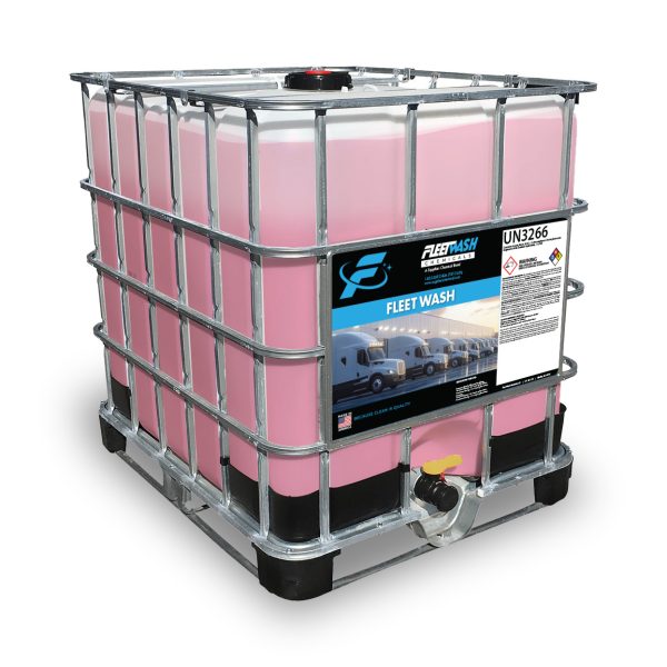A 275 gallon tote of red Suppliers Chemical Fleetwash cleaning liquid