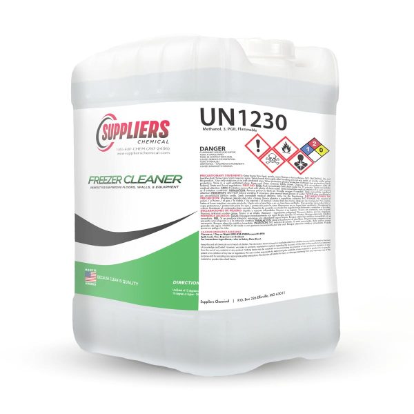 A 5 gallon pail of Suppliers Chemical Freezer Cleaner liquid