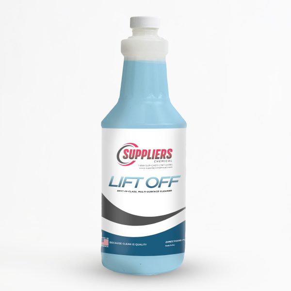 A blue 32oz bottle of Suppliers Chemical Lift Off cleaning product
