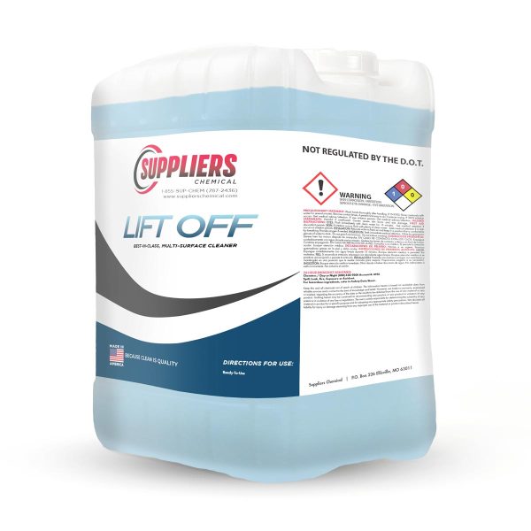 A 5 gallon pail of blue Suppliers Chemical Lift Off cleaning liquid