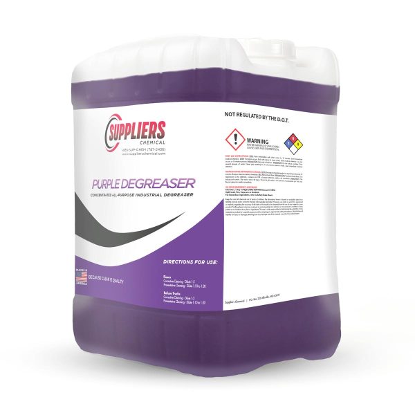 A 5 gallon pail of purple Suppliers Chemical Purple Degreaser cleaning liquid