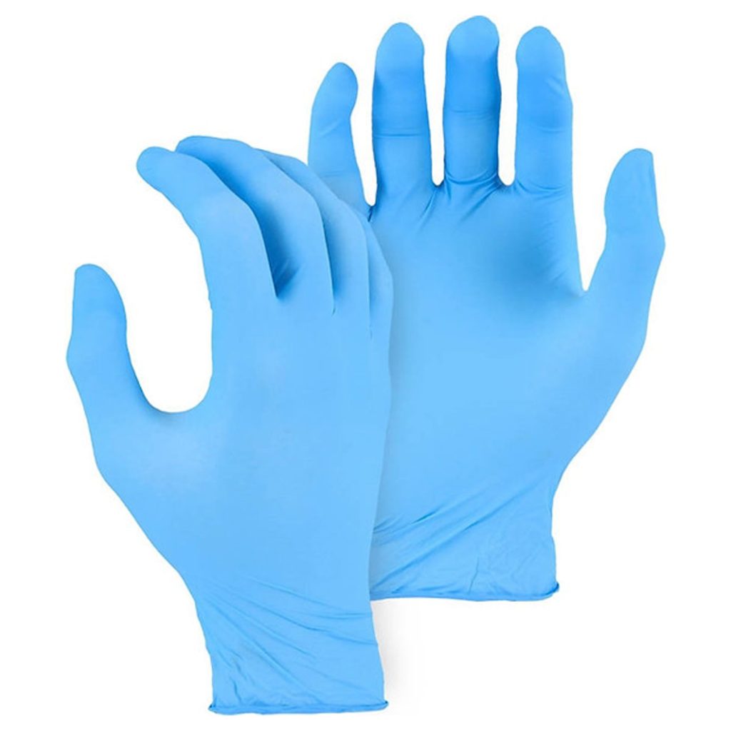 A pair of nitrile gloves in blue