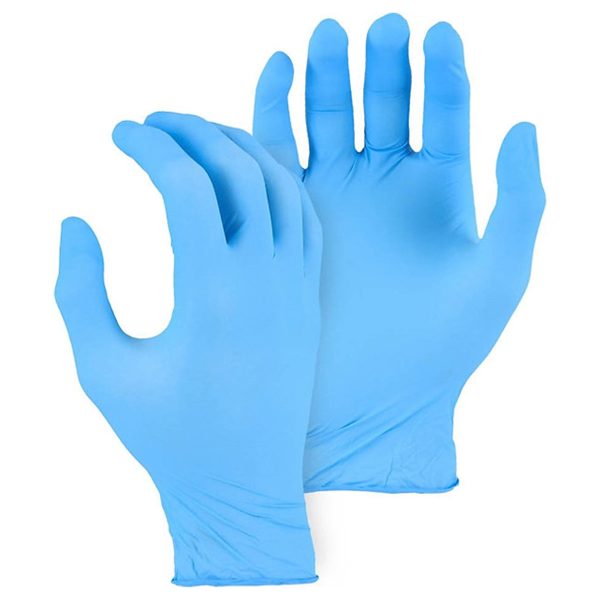 A pair of nitrile gloves in blue