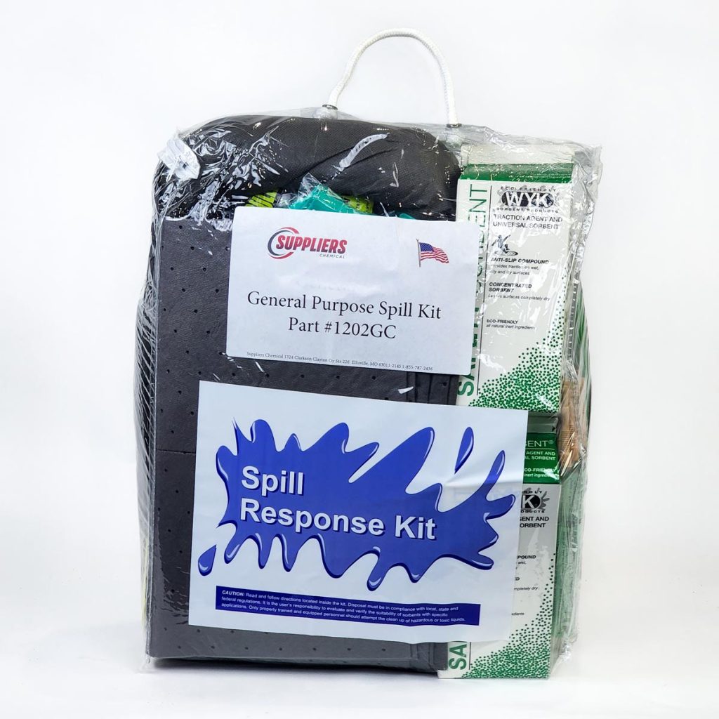 Spill response kit with absorbent pads, gloves, disposal bags, and safety equipment from SupplierChemical