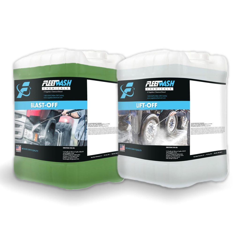 FleetWash cleaning products Liftoff and Blastoff in two, 5-gallon containers
