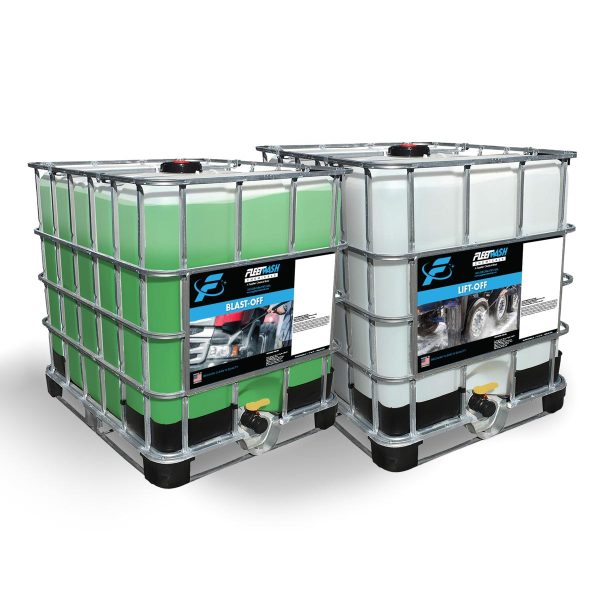 A bundle of industrial totes containing FleetWash Lift-Off and Blast-Off cleaning chemicals